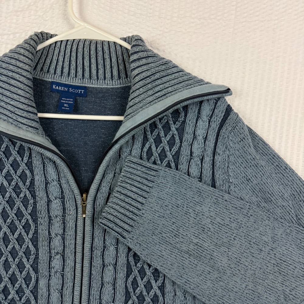 Karen Scott Blue Cable Knit Full Zip Cardigan Sweater Mock Neck Cotton XL